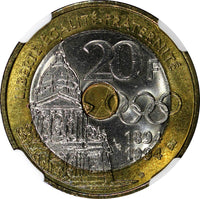 FRANCE Tri-Metallic 1994 20 Francs Pierre de Coubertin NGC MS65 TOP GRADE KME146