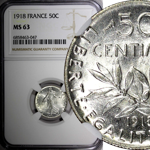 FRANCE Silver 1918 50 Centimes NGC MS63 KM# 854 (047)