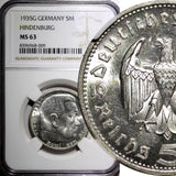 Germany-Third Reich Silver 1935 G 5 Reichsmark NGC MS63 Hindenburg KM# 86 (09)