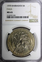 BARBADOS 1970 4 Dollars NGC MS65 1 Year Type  FAO 38.5mm Mintage-30.000 KM#A9