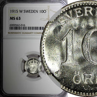 Sweden Gustaf V (1908-1950) Silver 1915 W 10 Ore NGC MS63 GEM BU KM# 780 (016)