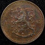 Finland Copper 1941 S 1 Markka WWII Issue UNC KM# 30a (24 087)