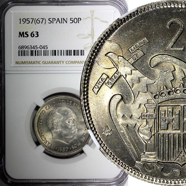 SPAIN Francisco Franco 1957 (67) 50 Pesetas NGC MS63 Better Date KM# 788 (045)