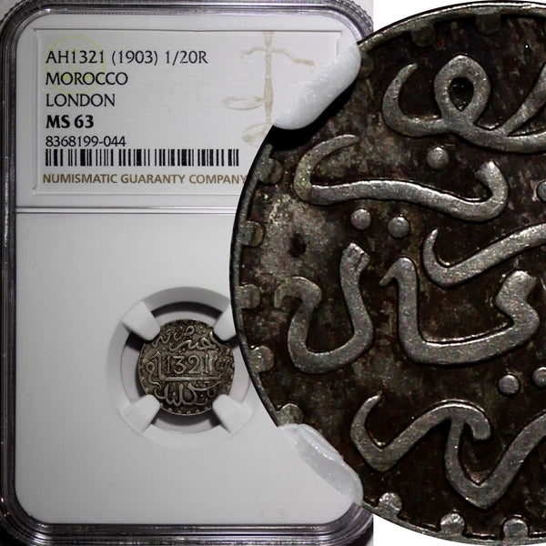 MOROCCO Abd al­ Aziz Silver AH 1321 1903 1/20 Rial London NGC MS63 Y# 18.1 (44)
