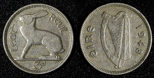 Ireland Republic Copper-Nickel 1948 3 Pence HARE KEY DATE KM# 12a (28 028)