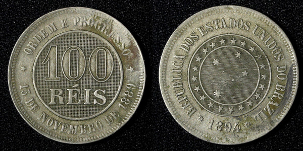 BRAZIL Copper-Nickel 1894 100 Reis 27  mm   KM# 492 (27 815)