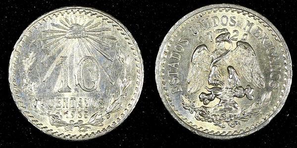 MEXICO Silver 1935 10 Centavos aUNC/UNC AR-0.720 Last Year Type  KM# 431 (369)