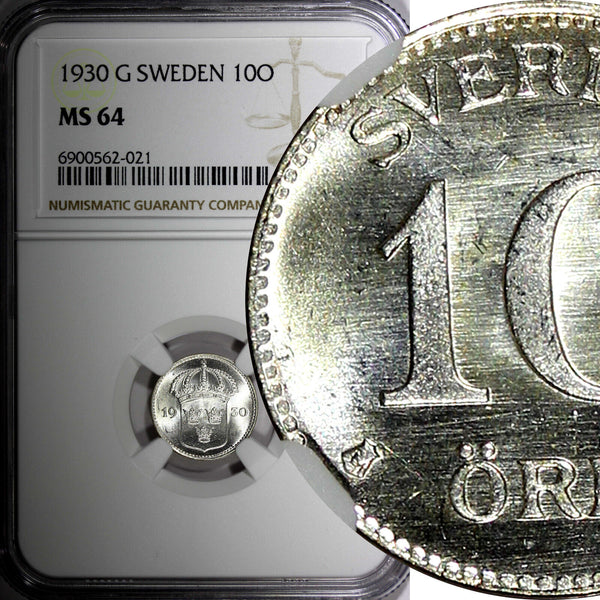 Sweden Gustaf V Silver 1930 G 10 Ore NGC MS64 GEM BU KM# 780 (021)