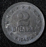 Yugoslavia Zinc 1945 2 Dinara 1 Year Type WWII Issue High Grade KM# 27 (28 119)