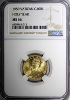 VATICAN Pius XII Gold 1950  100 Lire Holy Year NGC MS66 Mint-14.000 KM# 48 (13)