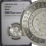 BRAZIL Silver 1889 500 Reis Liberty Head NGC MS64 1 Year Type KM# 494 (003)