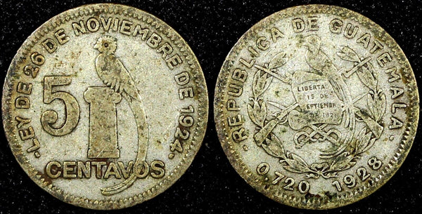 Guatemala Silver 1928 5 Centavos Royal Mint BETTER DATE KM# 238.2  (24 564)