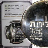 Israel Silver 5734 (1974) 10 Lirot  Independence Mintage-127,195 NGC MS65 KM# 77