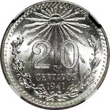 MEXICO Silver 1941 M 20 Centavos Radiant Liberty cap NGC MS66 GEM BU KM# 438 (1)