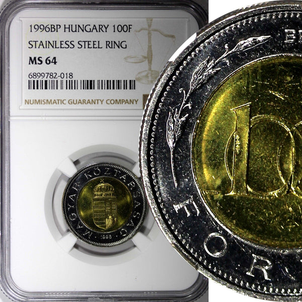 HUNGARY Bimetallic 1996 BP 100 Forint NGC MS64 GEM BU COIN KM# 721 (018)