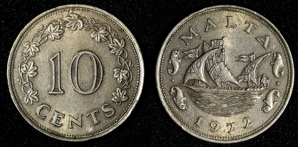 MALTA Copper-Nickel 1972 10 Cents 1st Year Type KM# 11  (28 094)