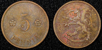 FINLAND Copper 1929 5 Penniä  CHOICE UNC Toned KM# 22 (24 013)