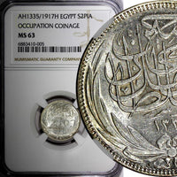 Egypt Occupation Coinage Silver AH1335/1917 H 2 Piastres NGC MS63 KM# 317.2 (05)