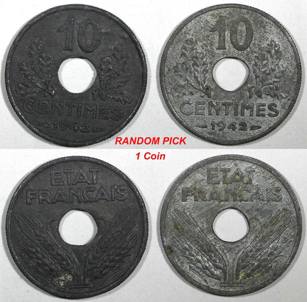 FRANCE Zinc 1942 10 Centimes WWII Issue XF+ KM# 898 RANDOM PICK (1 Coin) (939)