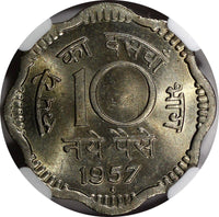 India-Republic 1957 (B)  10 Naye Paise NGC MS65 ONE GRADED HIGHEST KM# 24.1 (4)