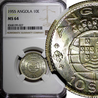 ANGOLA Portuguese Colony Silver 1955 10 Escudos NGC MS64 GEM BU  KM# 73 (027)