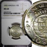 ANGOLA Portuguese Colony Silver 1955 10 Escudos NGC MS64 GEM BU  KM# 73 (027)