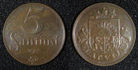 LATVIA	Bronze  1922 5 Santimi HUG  Switzerland Mint KM# 3 (28 009)