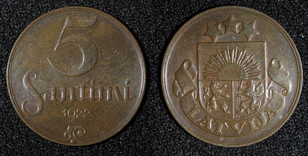LATVIA	Bronze  1922 5 Santimi HUG  Switzerland Mint KM# 3 (28 009)