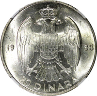 Yugoslavia Petar II Silver 1938 20 Dinara NGC MS64 1 Year Type BU KM# 23 (033)