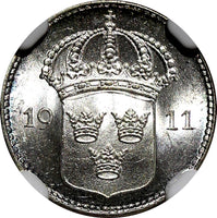 Sweden Gustaf V (1908-1950) Silver 1911 W 10 Ore NGC MS64 GEM BU KM# 780 (023)