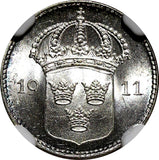 Sweden Gustaf V (1908-1950) Silver 1911 W 10 Ore NGC MS64 GEM BU KM# 780 (023)