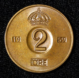 Sweden Gustaf VI Adolf Bronze 1959 TS 2 Ore GEM BU  KM# 821 (30 266)