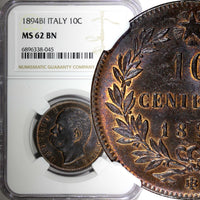 ITALY Copper Umberto I 1894 BI 10 Centesimi NGC MS62 BN Nice Toned KM# 27.1 (45)