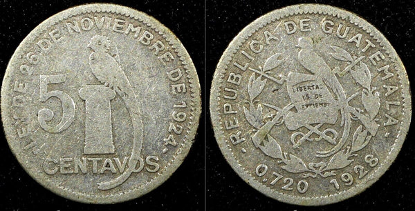 Guatemala Silver 1928 5 Centavos Royal Mint BETTER DATE KM# 238.2  (24 462)
