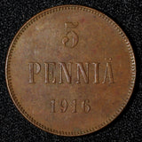 Finland under Russia Nicholas II Copper 1916 5 Pennia KM# 15 (28 643)