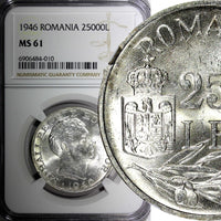 ROMANIA Mihai I Silver 1946 25000 Lei 32mm 1 Year Type NGC MS61 KM# 70 (010)