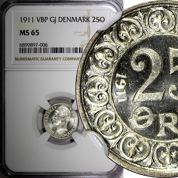 DENMARK Frederik VIII Silver 1911 VBP GJ 25 Ore NGC MS65 2 Year Type KM# 808 (6)