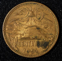 Mexico ESTADOS UNIDOS MEXICANOS Bronze 1951 Mo 20 Centavos SCARCE DATE KM#439(5)