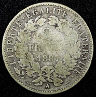 FRANCE Silver 1887 A 2 Francs Paris Mint 27mm KM# 817.1  (25 547)