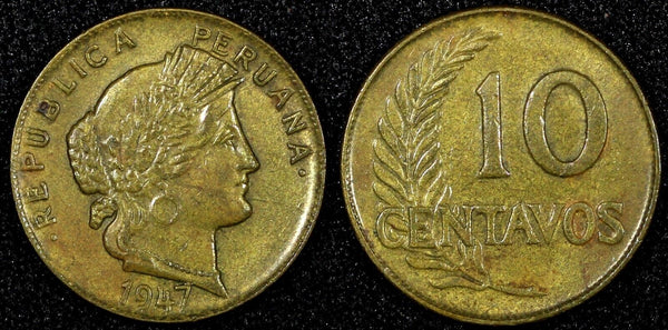 PERU Brass 1947 10 Centavos 1st Year Type Thick planchet KM# 226.1 (25 028)