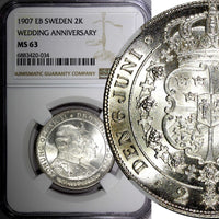 SWEDEN Silver 1907 EB 2 Kronor NGC MS63 Golden Wedding Anniversary KM# 776 (034)