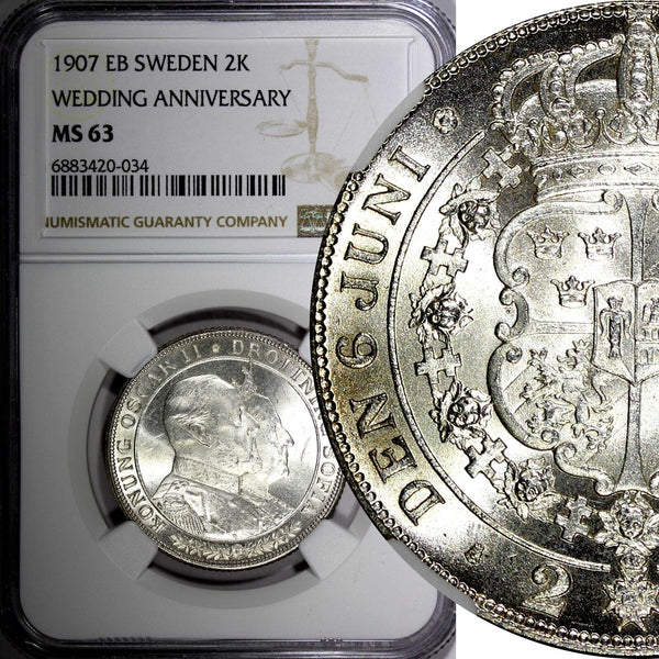 SWEDEN Silver 1907 EB 2 Kronor NGC MS63 Golden Wedding Anniversary KM# 776 (034)