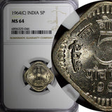 India-Republic 1964 (C) 5 Naye Paise Ashoka Lion Calcutta NGC MS64 KM# 17 (046)