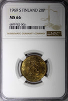 Finland Aluminum-Bronze 1969 S 20 Pennia Mintage-21.000 NGC MS66 TOP GRADE KM#47