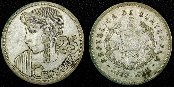 Guatemala Silver 1958 25 Centavos Mintage-394 361 27mm Toned KM# 258 (24 646)