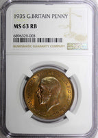 GREAT BRITAIN George V Bronze 1935 1 Penny NGC MS63 RB NICE TONING KM# 838 (03)