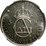 SWEDEN Silver 1952 ST 5 Kronor NGC MS63 70th Birthday Gustaf VI KM# 828 (09)