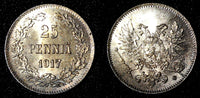 Finland  Silver 1917 S 25 Pennia Civil War Coinage GEM BU Nice Toned  KM#19 (28)