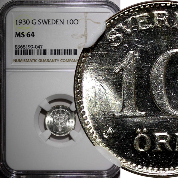 Sweden Gustaf V Silver 1930 G 10 Ore NGC MS64 GEM BU KM# 780 (047)