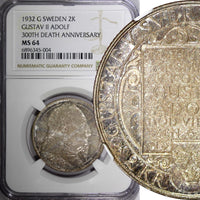 SWEDEN Silver 1932 G 2 Kronor NGC MS64 Death of Gustaf II Adolf BU KM# 805 (004)